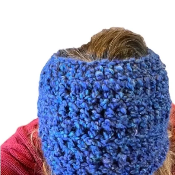 Hand Crafted Hat Headband Blue Crochet Pony Tail Beanie Chunky Ear Warmer Wrap - Picture 2 of 8